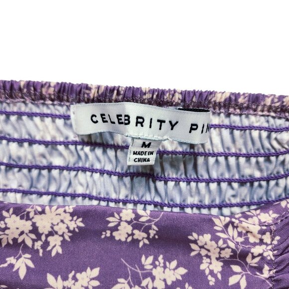 Celebrity Pink Purple Floral Puff Sleeve Ruched Top Womens Cropped Blouse Size M - Picture 3 of 9